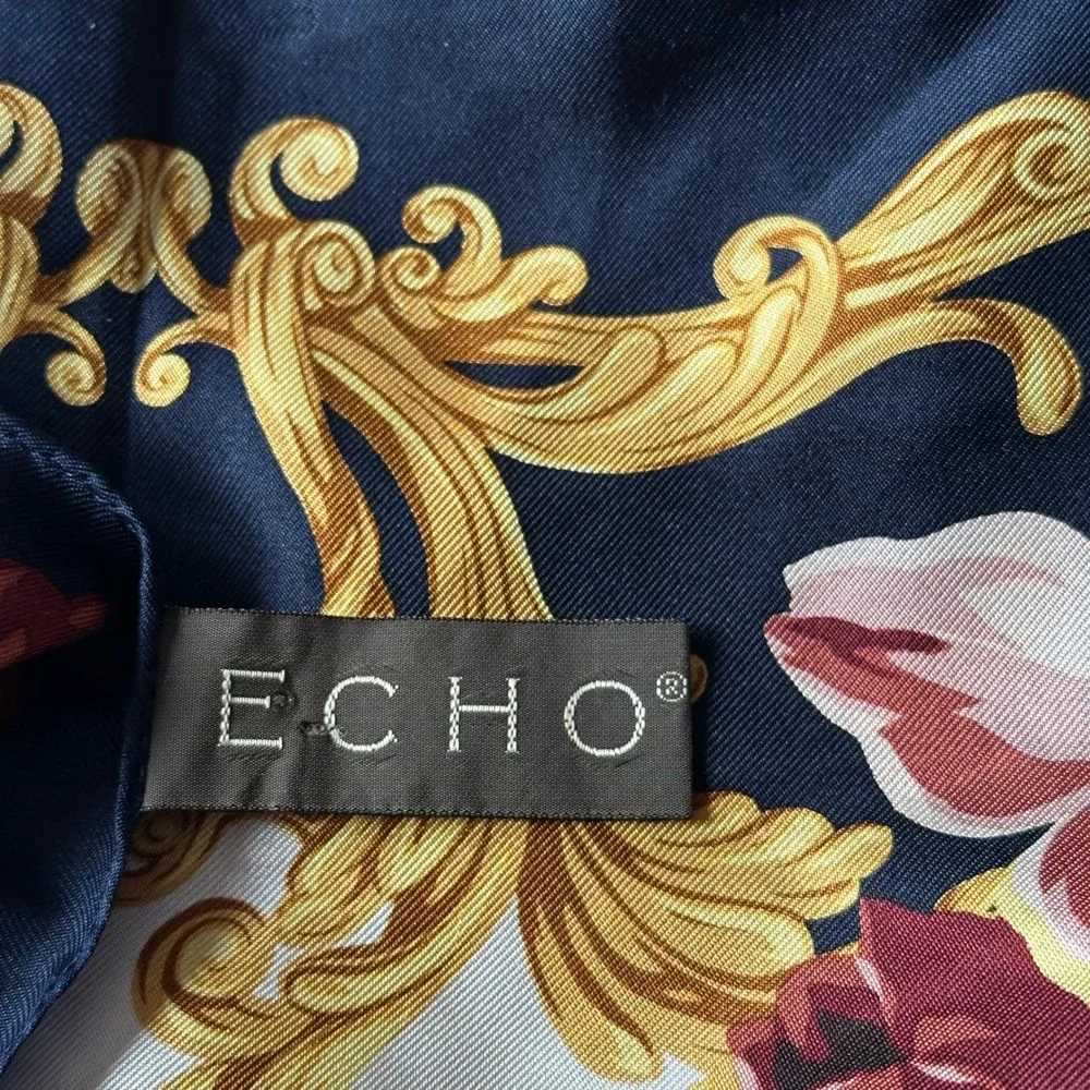 Echo Silk Scarf Large Square Navy Gold Floral Baroque Made in Japan 35in